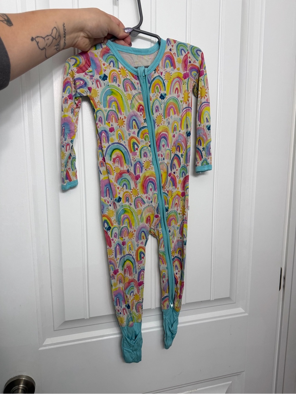 Toddler Rainbow Print Footed Pajama Romper with Teal Trim